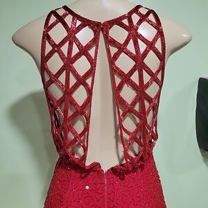 Prom Dress Red Beaded Long Intricate Low Back Slit On Bottom High Neck Size S